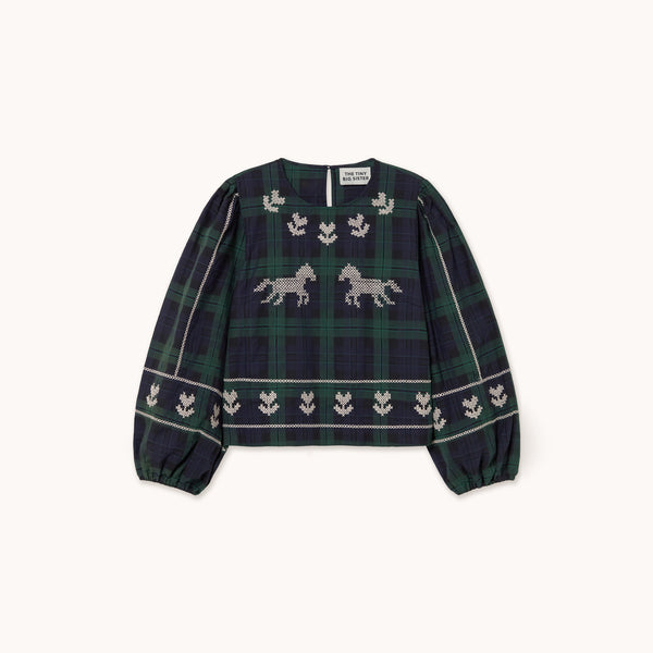 THE TINY BIG SISTER Embroidered Check Puff Sleeves Blouse in Dark Green