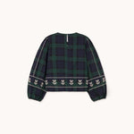 THE TINY BIG SISTER Embroidered Check Puff Sleeves Blouse in Dark Green