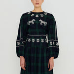 THE TINY BIG SISTER Embroidered Check Puff Sleeves Blouse in Dark Green