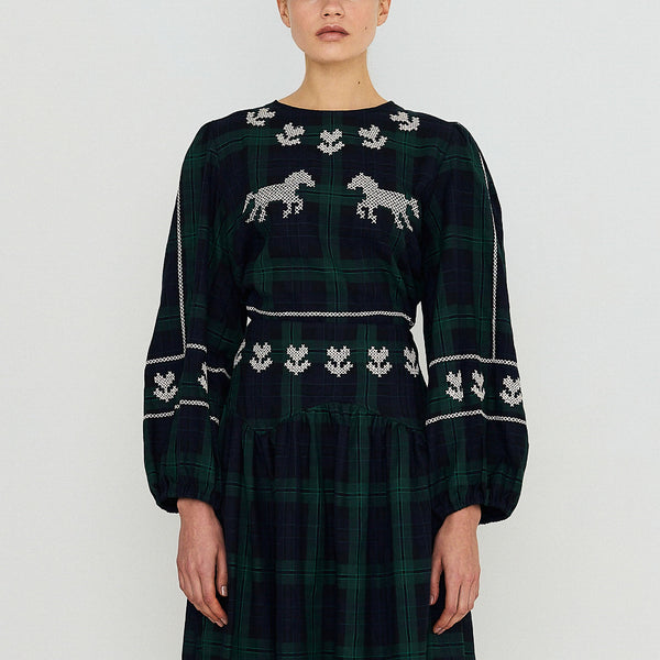 THE TINY BIG SISTER Embroidered Check Puff Sleeves Blouse in Dark Green