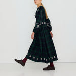 THE TINY BIG SISTER Embroidered Check Puff Sleeves Blouse in Dark Green