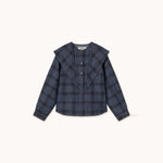 THE TINY BIG SISTER Check Denim Shirt with Tie Neck in Light Navy