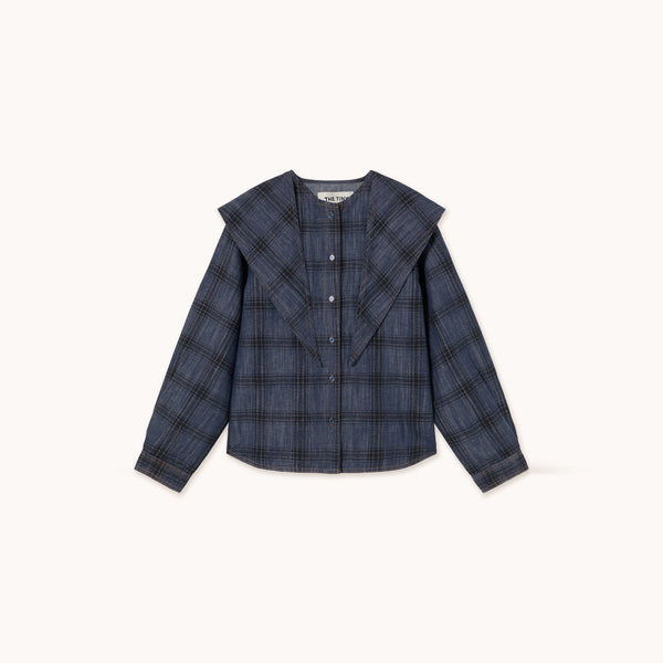 THE TINY BIG SISTER Check Denim Shirt with Tie Neck in Light Navy