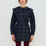 THE TINY BIG SISTER Check Denim Shirt with Tie Neck in Light Navy