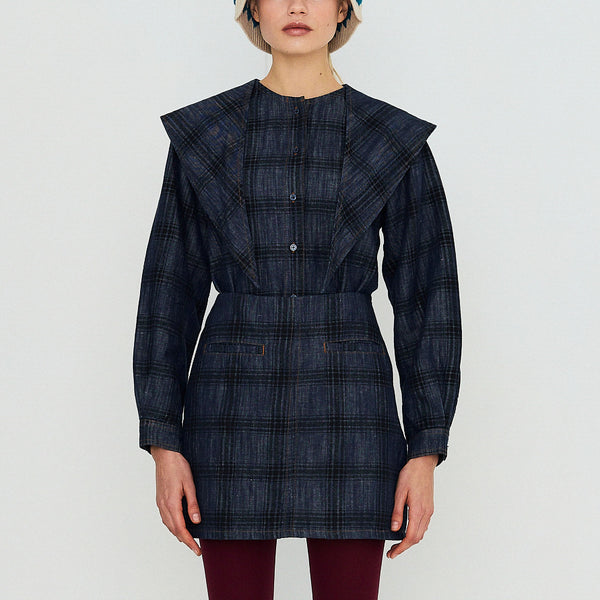 THE TINY BIG SISTER Check Denim Shirt with Tie Neck in Light Navy