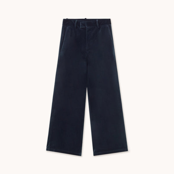 THE TINY BIG SISTER Velvet Wide Leg Trousers in Ink Blue