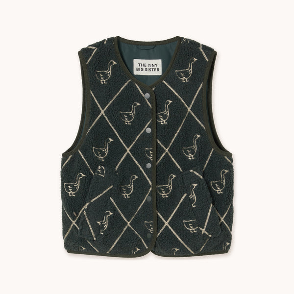 THE TINY BIG SISTER Diamond Geese Sherpa Vest in Ink Blue