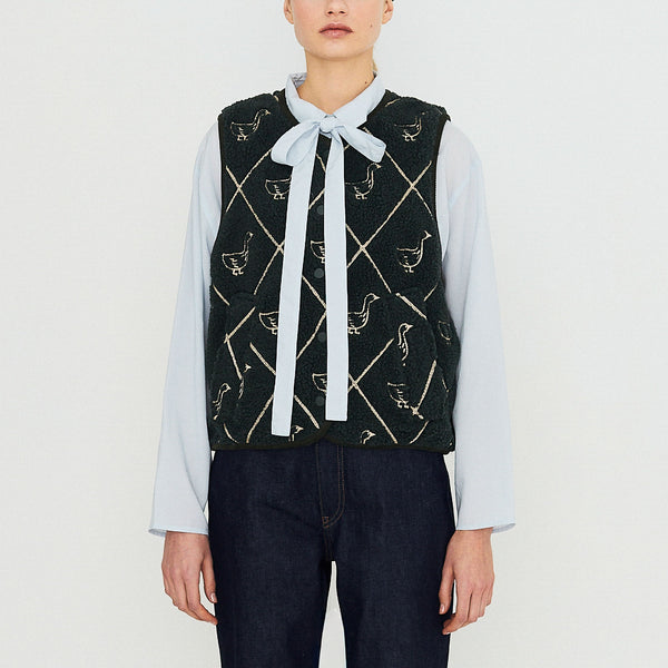 THE TINY BIG SISTER Diamond Geese Sherpa Vest in Ink Blue
