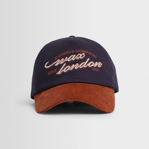 WAX LONDON Tranton Trucker Cord Cap in Navy/Rust