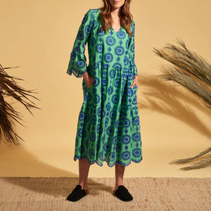 Aziza Embroidered Dress in Green/Blue