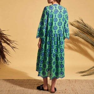 Aziza Embroidered Dress in Green/Blue