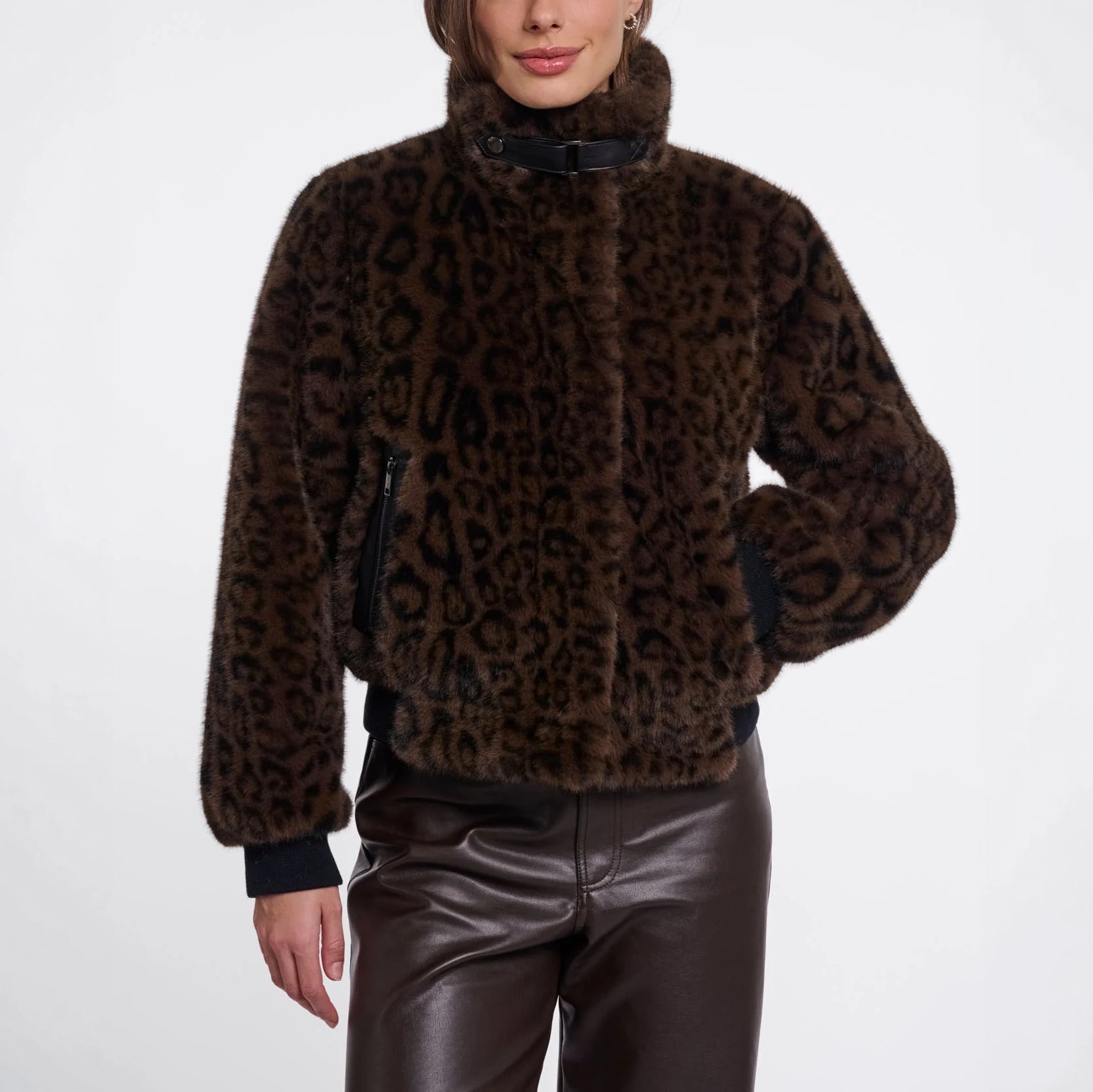 RINO & PELLE Ambra Short Faux Fur Leopard Print Jacket in Brown Leopard