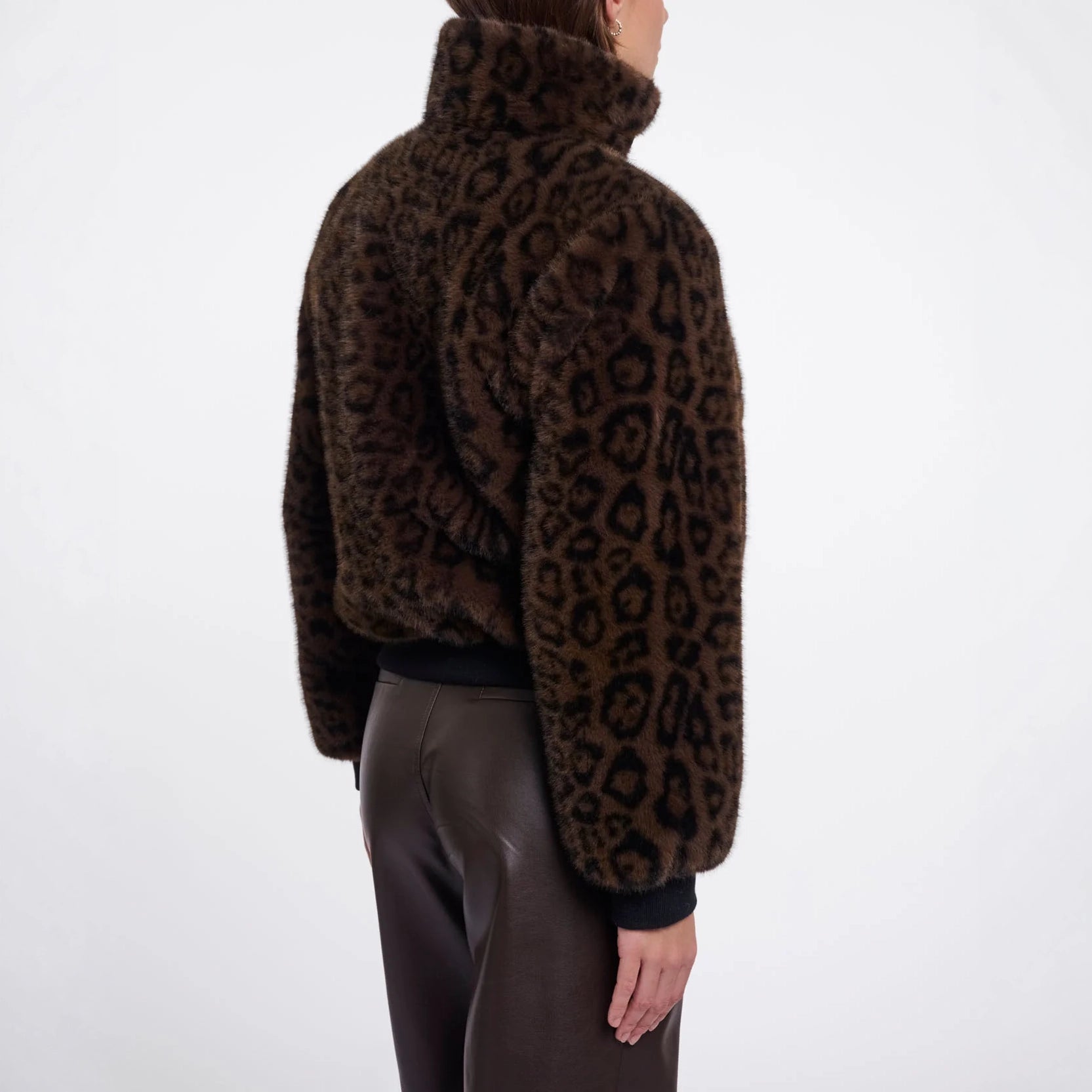 RINO & PELLE Ambra Short Faux Fur Leopard Print Jacket in Brown Leopard