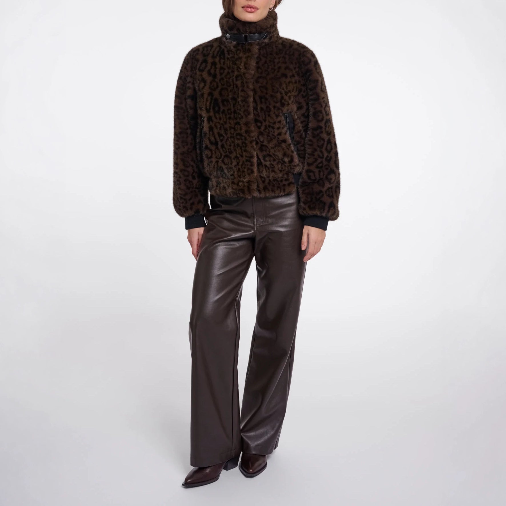 RINO & PELLE Ambra Short Faux Fur Leopard Print Jacket in Brown Leopard