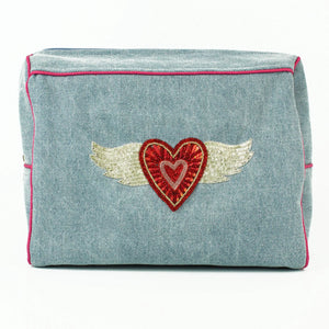 Flying Heart Wash Bag in Denim