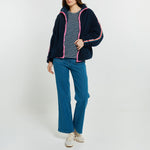 BETTY BASICS Aubrey Fleece Jacket with Rainbow Stripe Sleeve in Navy/Rainbow