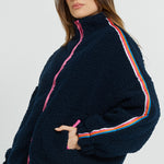 BETTY BASICS Aubrey Fleece Jacket with Rainbow Stripe Sleeve in Navy/Rainbow