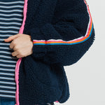 BETTY BASICS Aubrey Fleece Jacket with Rainbow Stripe Sleeve in Navy/Rainbow