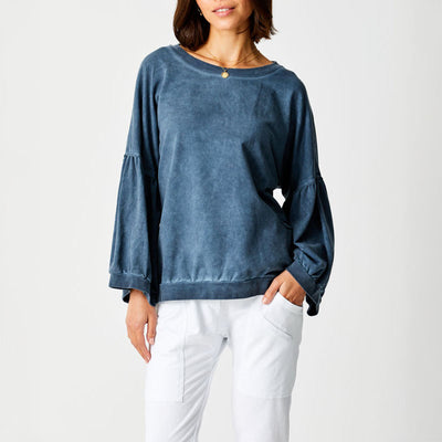 SUZY D Bea Vintage Wash Bubble Sleeve Sweatshirt in Dark Denim