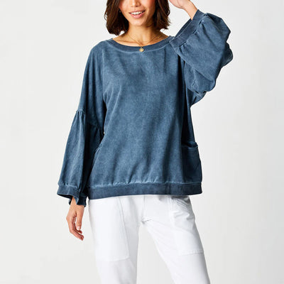 SUZY D Bea Vintage Wash Bubble Sleeve Sweatshirt in Dark Denim