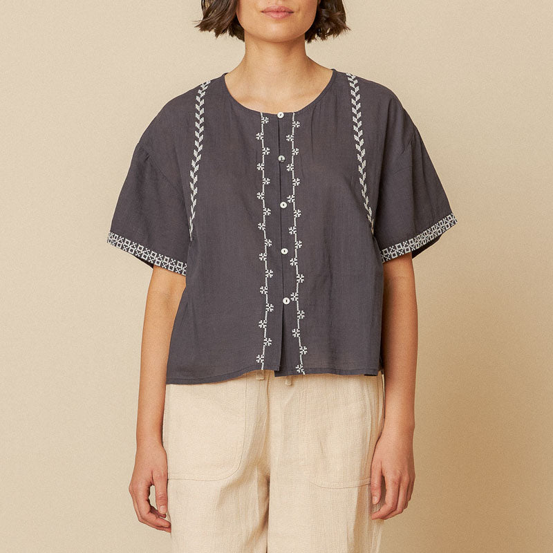 INDI & COLD Embroidered Trapeze Shirt in Charcoal
