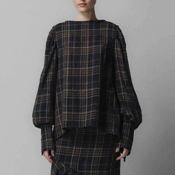 EMIN PAUL Volume Sleeve Blouse in Navy Check