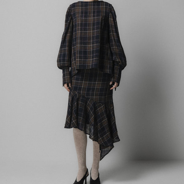 EMIN PAUL Volume Sleeve Blouse in Navy Check