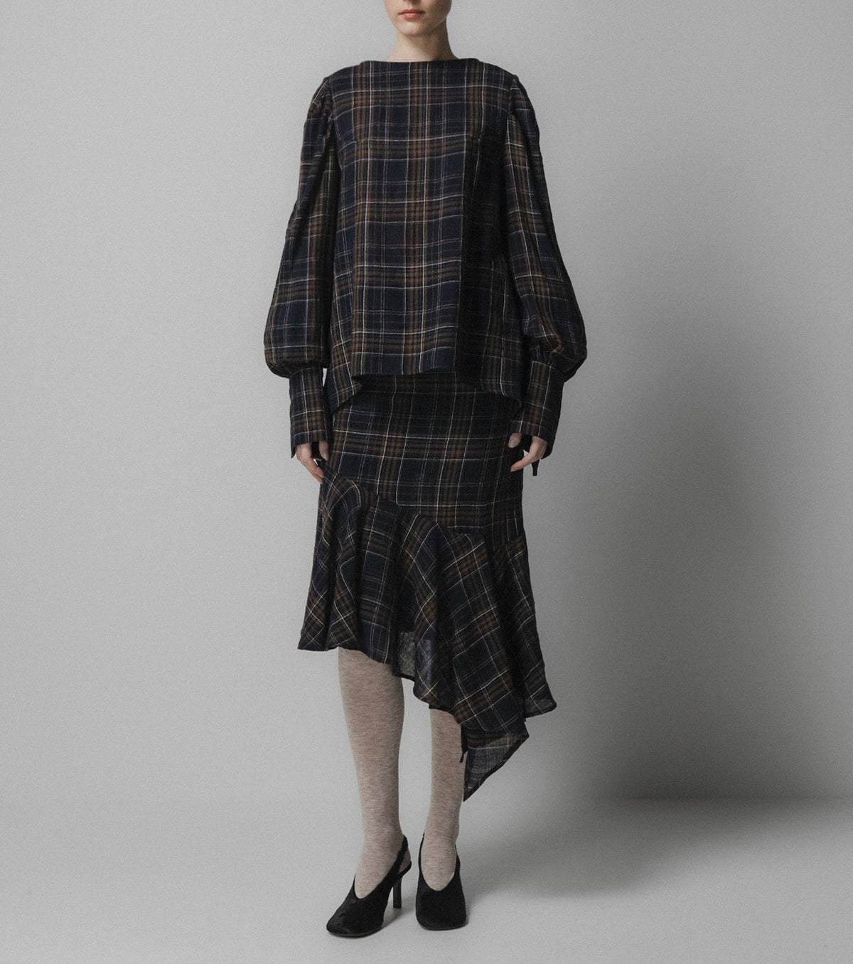 EMIN PAUL Volume Sleeve Blouse in Navy Check