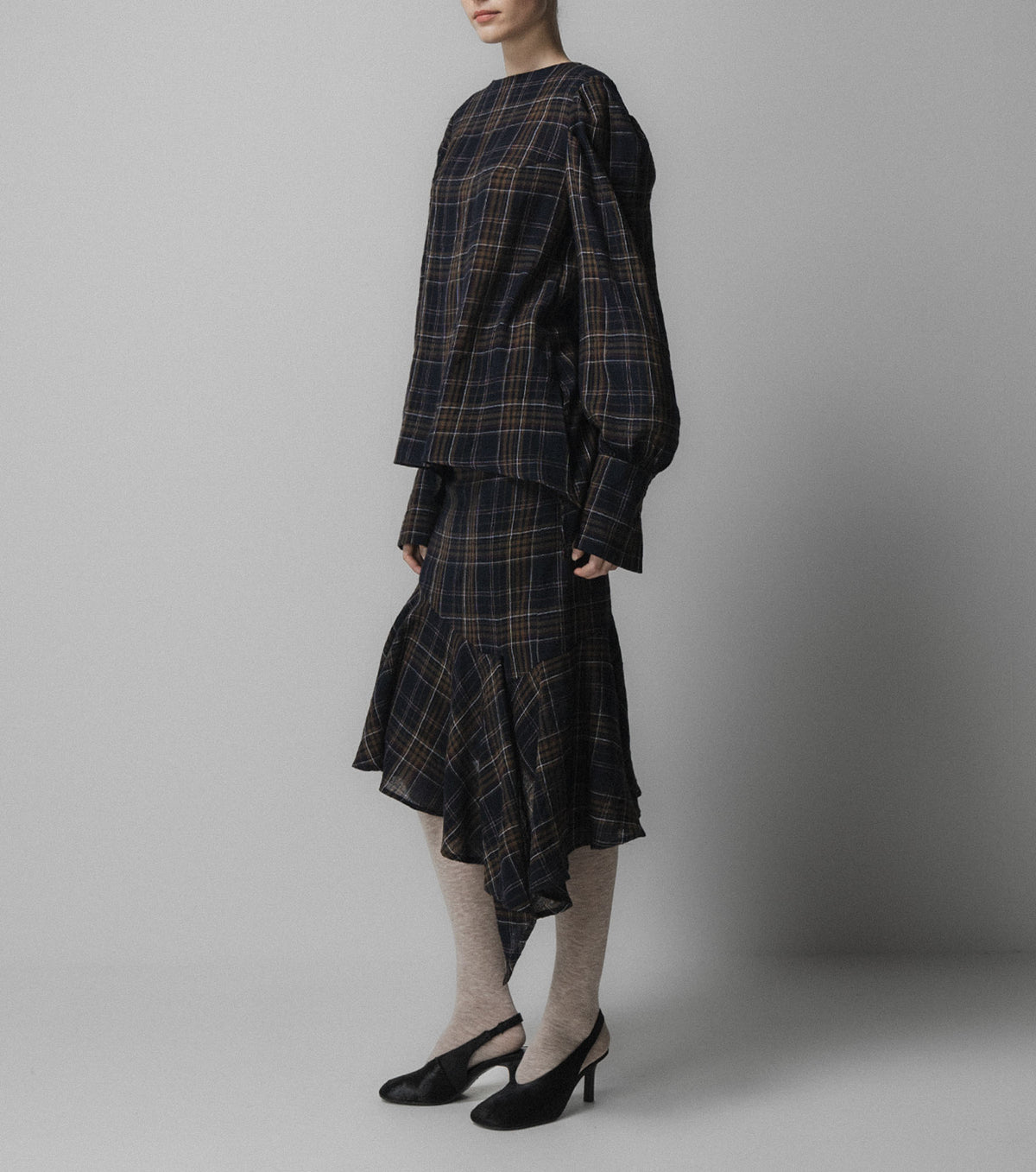 EMIN PAUL Volume Sleeve Blouse in Navy Check