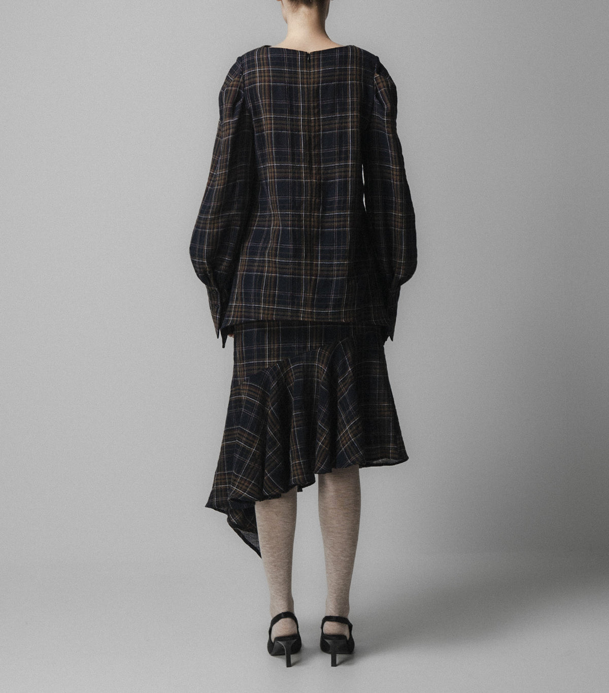 EMIN PAUL Volume Sleeve Blouse in Navy Check