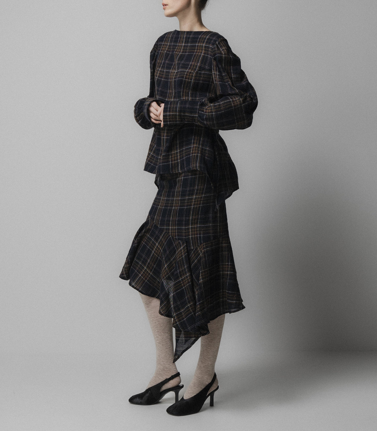 EMIN PAUL Volume Sleeve Blouse in Navy Check