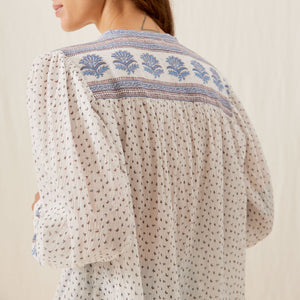 Jeanne Printed Chiffon Shirt in White/Cornflower