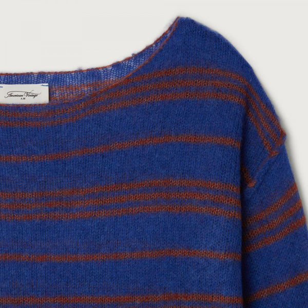 AMERICAN VINTAGE Bodyrow Stripe Boat Neck Jumper in Pecan/Blue Melange
