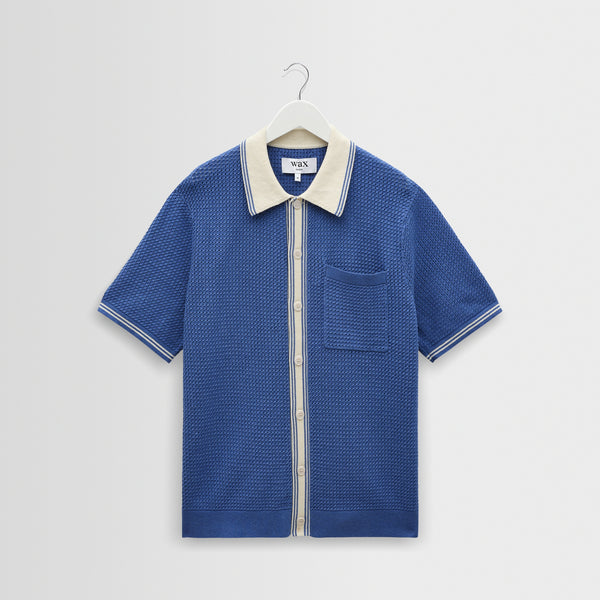 WAX LONDON Belle Short Sleeve Shirt in Blue/Ecru