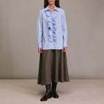 DIEGA Caramba Pinstripe Ruffle Shirt in Light Blue