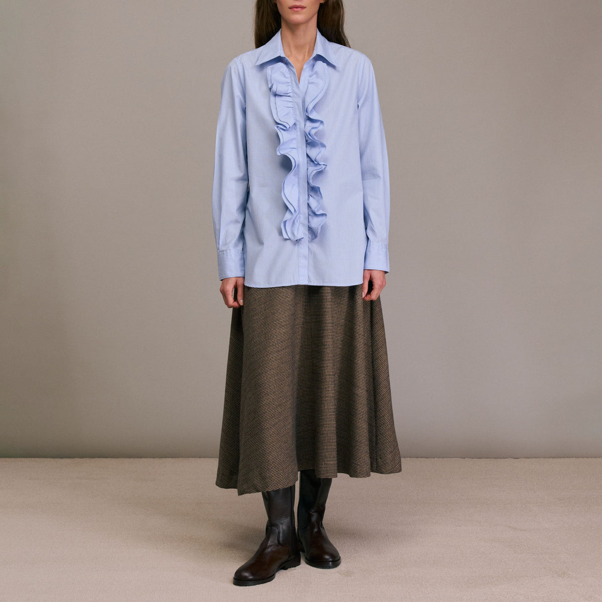 DIEGA Caramba Pinstripe Ruffle Shirt in Light Blue