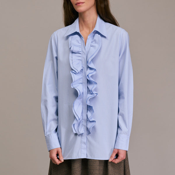 DIEGA Caramba Pinstripe Ruffle Shirt in Light Blue