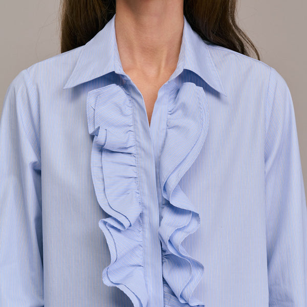 DIEGA Caramba Pinstripe Ruffle Shirt in Light Blue