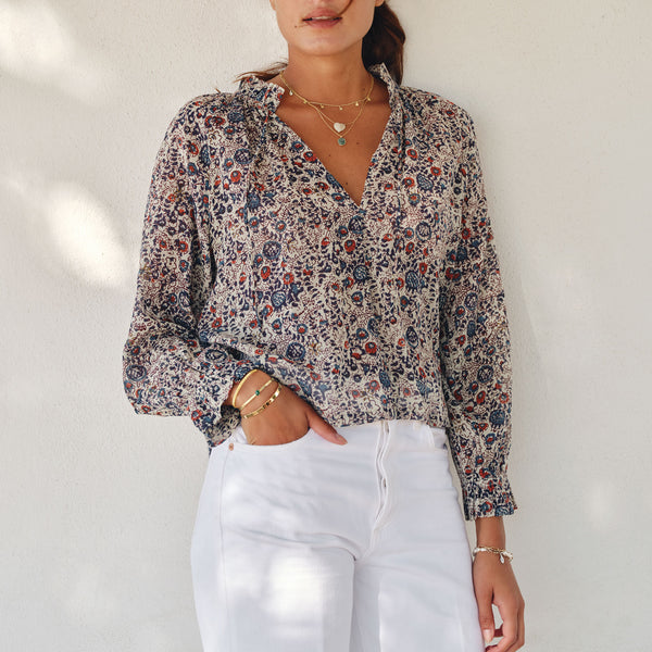 M.A.B.E Cass Print Long sleeve Top in Indigo/Rust