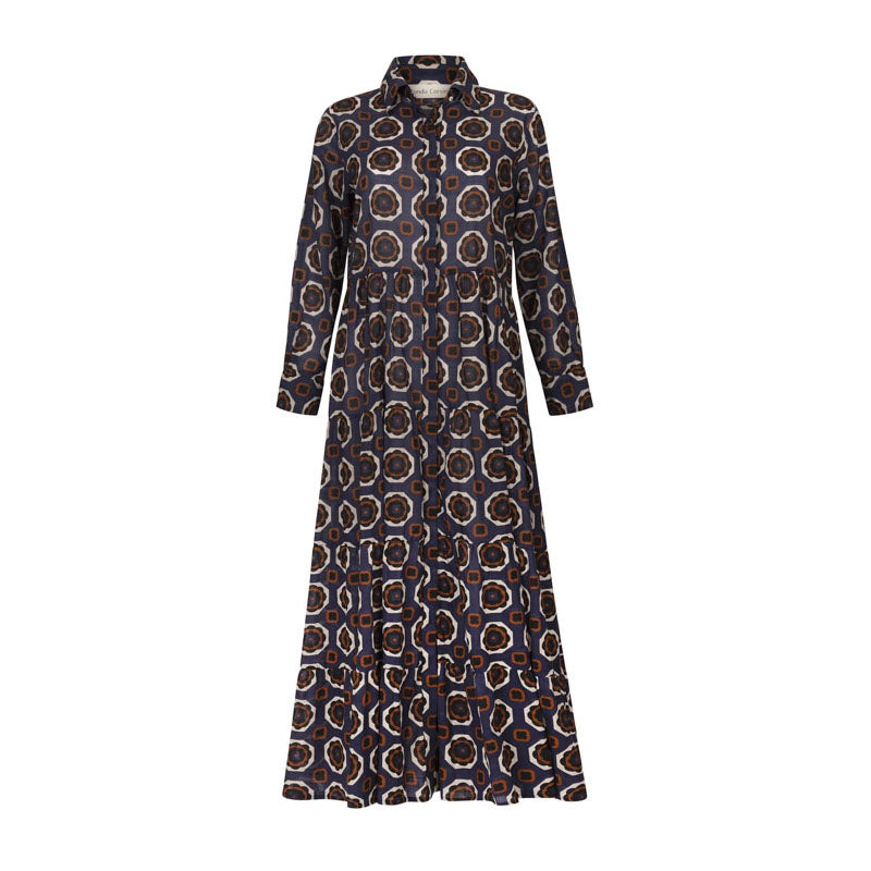 MONDO CORSINI Portofino Cotton Long Tiered Shirt Dress in Gardenia Blue