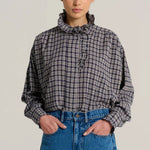 V DE VINSTER Pablo Stripe Ruffle Neck Blouse in Tartan Blue