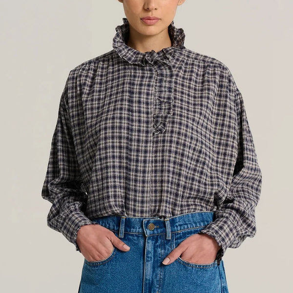 V DE VINSTER Pablo Stripe Ruffle Neck Blouse in Tartan Blue