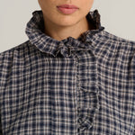 V DE VINSTER Pablo Stripe Ruffle Neck Blouse in Tartan Blue