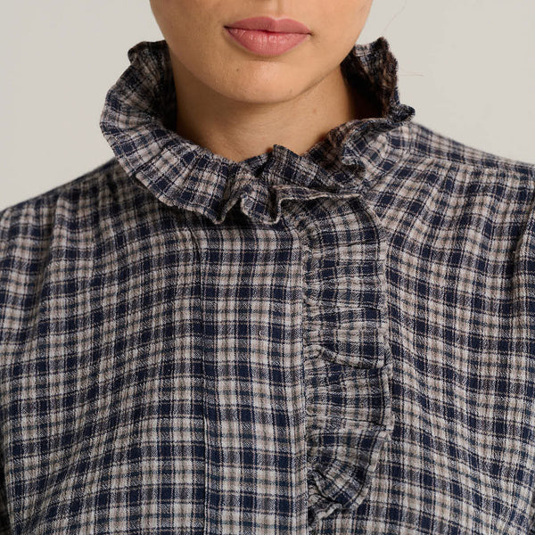 V DE VINSTER Pablo Stripe Ruffle Neck Blouse in Tartan Blue
