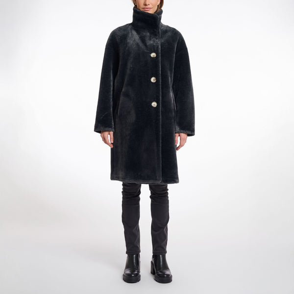 RINO & PELLE Cilou Faux Fur Coat with High Collar in Deep Iron