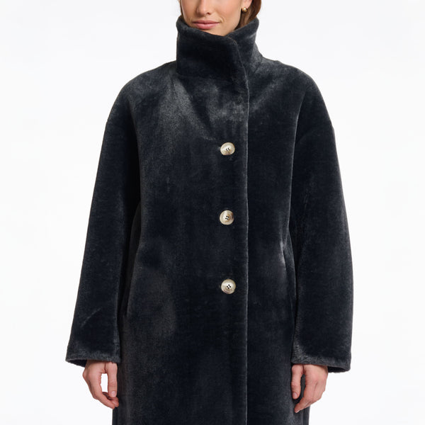 RINO & PELLE Cilou Faux Fur Coat with High Collar in Deep Iron