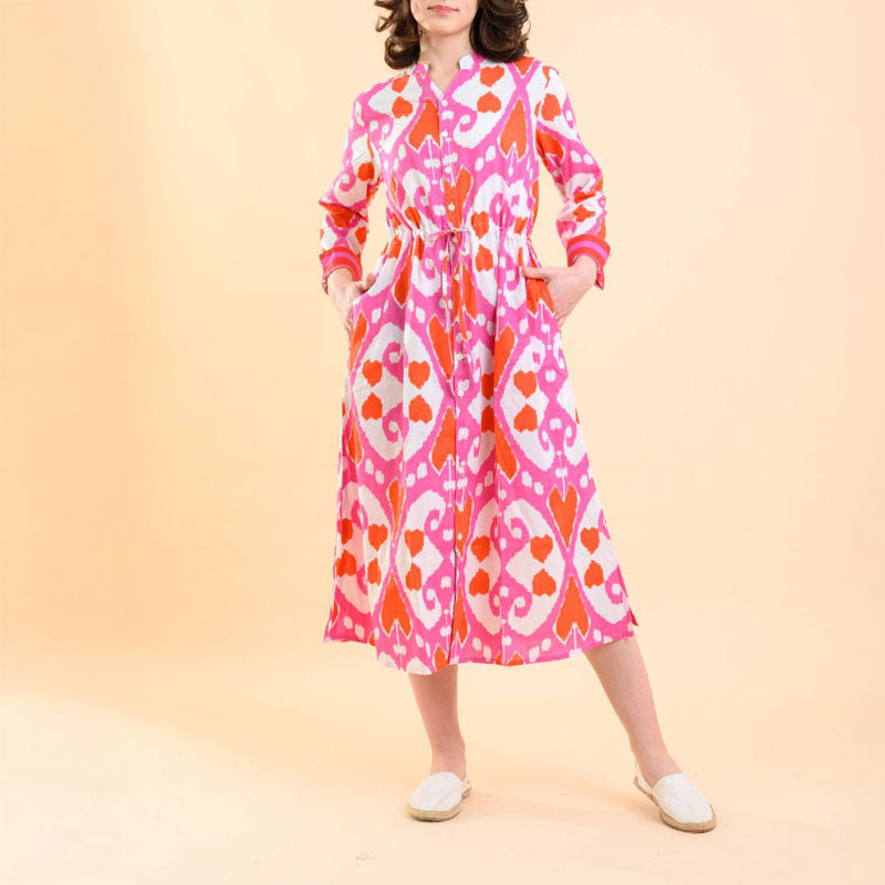 HANDPRINT DREAM APPAREL Clara Dress in Ikat Pink/Orange