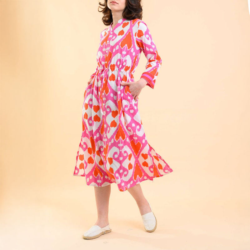 HANDPRINT DREAM APPAREL Clara Dress in Ikat Pink/Orange