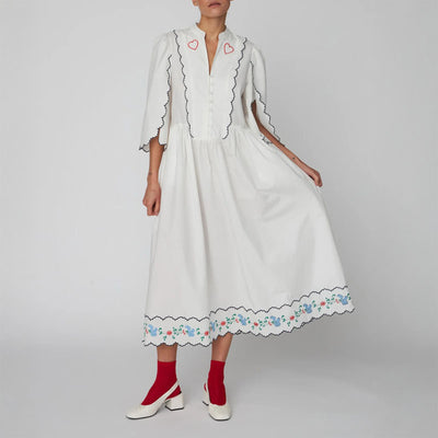STELLA NOVA Coloured Embroidered Loose Dress in Off White