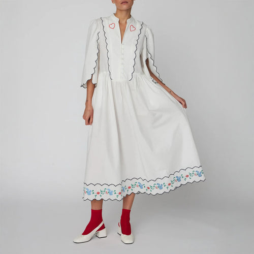 STELLA NOVA Coloured Embroidered Loose Dress in Off White
